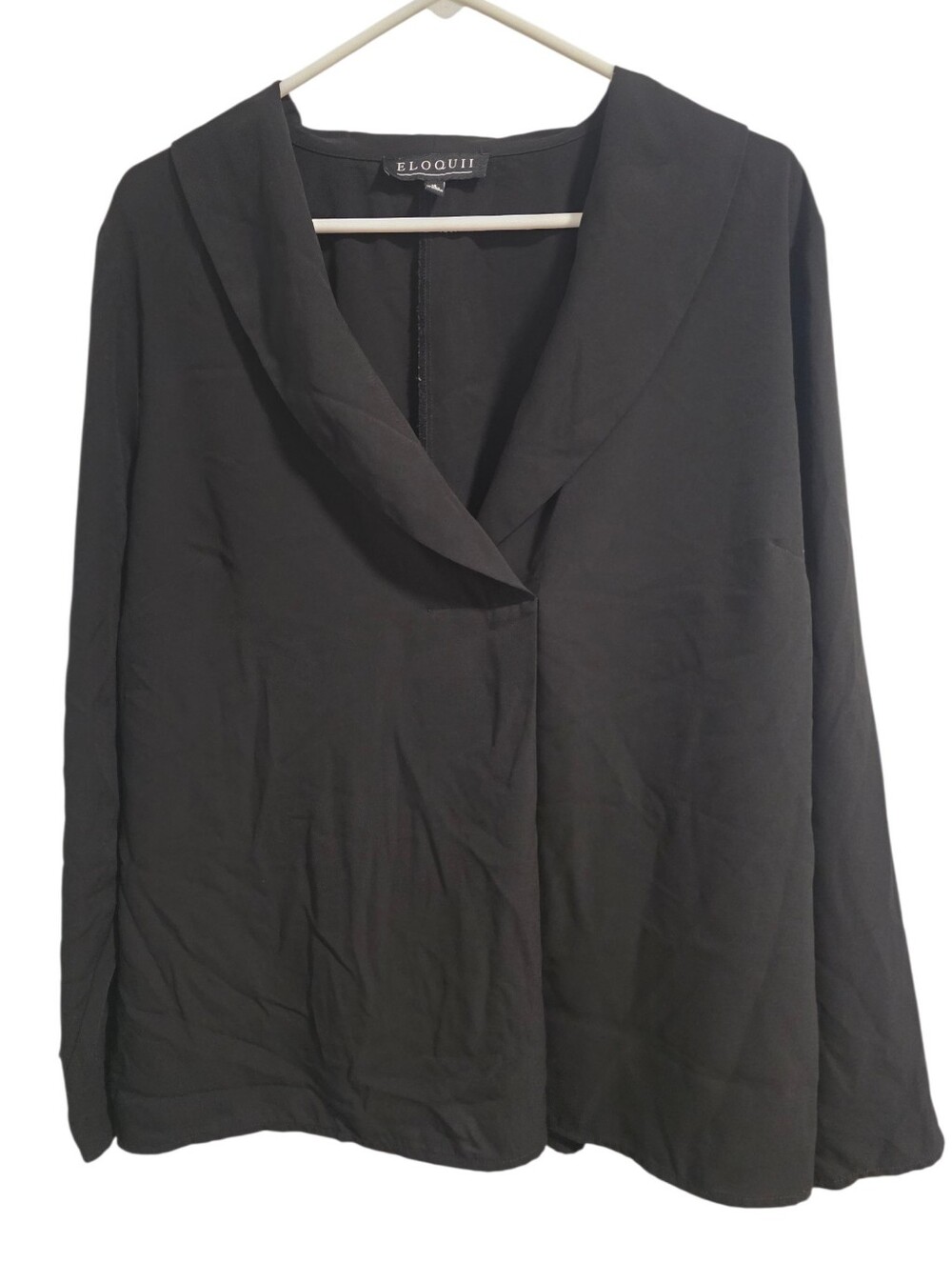 Eloquii Black Deep V-Neck Faux Wrap Collared Chiffon Blouse Size 16 EUC